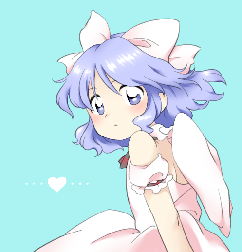 1girl :| blue_eyes blue_hair bow closed_mouth dress flat_chest hair_bow heart light_blue_background light_blue_hair mai_(touhou) mini_wings neck_ribbon nonamejd official_style puffy_short_sleeves puffy_sleeves red_ribbon ribbon short_hair short_sleeves solo touhou touhou_(pc-98) white_bow white_dress white_wings wings zun_(style)