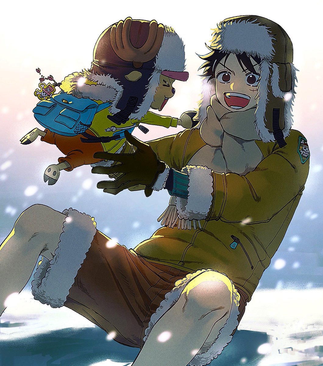 &gt;_&lt; 2boys affectionate antlers bad_id bad_twitter_id bag black_hair blue_bag coat commentary hat highres male_focus monkey_d._luffy multiple_boys on_ground one_piece orange_pants pants red_shorts reindeer_antlers scarf shorts shoulder_bag sitting smile snow symbol-only_commentary tony_tony_chopper wudus6 yellow_coat