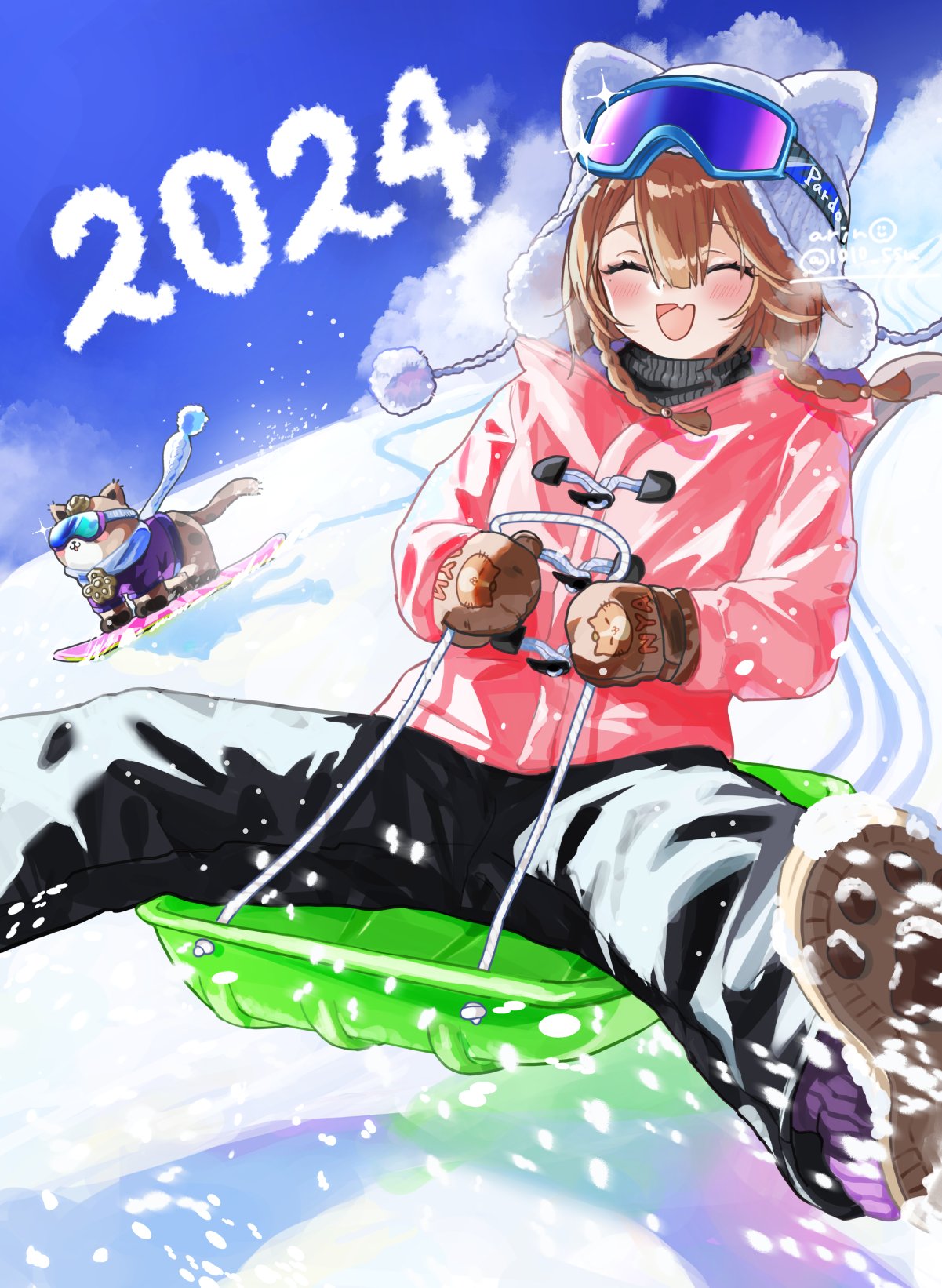 1girl 2024 :d ^_^ animal animal_ears animal_hat arin_(1010_ssu) beanie black_pants blue_sky boots braid brown_hair brown_mittens can_(honkai_impact) closed_eyes clothed_animal clothes_writing clouds commentary_request day fake_animal_ears fang goggles goggles_on_headwear grey_sweater hat highres honkai_(series) honkai_impact_3rd jacket long_hair mittens nyan outdoors pants pardofelis_(honkai_impact) pink_jacket ribbed_sweater romaji_text shoe_soles ski_goggles sky sled smile snow snowboard sweater toboggan turtleneck turtleneck_sweater twin_braids twitter_username white_headwear