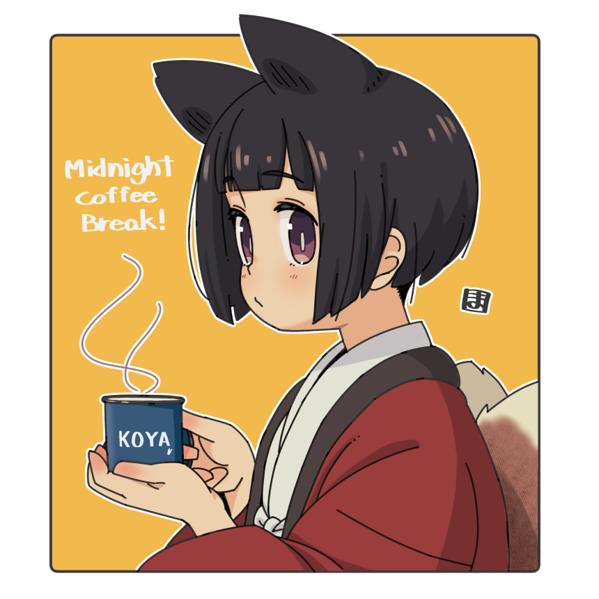 1girl animal_ears black_hair blush closed_mouth commentary cup english_commentary english_text fox_ears fox_girl fox_tail holding holding_cup japanese_clothes kimono kitsune kukuri_(mawaru) long_sleeves mawaru_(mawaru) mug open_clothes orange_background original short_hair solo tail two-tone_background upper_body violet_eyes white_background white_kimono wide_sleeves