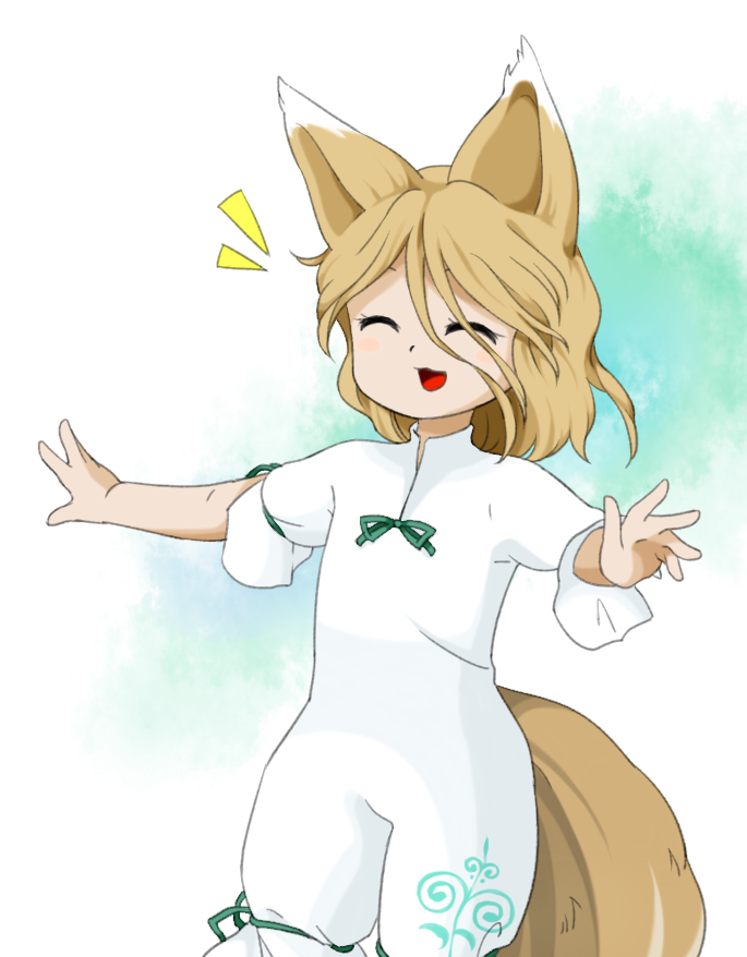1girl :3 :d ^_^ animal_ears aqua_ribbon blonde_hair closed_eyes flat_chest fox_ears fox_girl fox_tail hair_between_eyes kudamaki_tsukasa nonamejd official_style open_mouth outstretched_arms ribbon romper short_hair smile solo spread_arms standing tail touhou white_romper yellow_tail zun_(style)