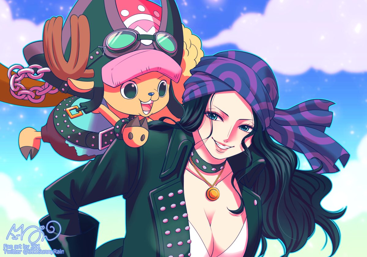 1boy 1girl 321 antlers bandana belt bikini bikini_top_only black_hair blue_eyes bracelet clouds coat commentary_request goggles goggles_on_headwear hat jewelry long_hair looking_at_another necklace nico_robin one_piece one_piece_film:_red reindeer_antlers sky smile swimsuit tony_tony_chopper white_bikini