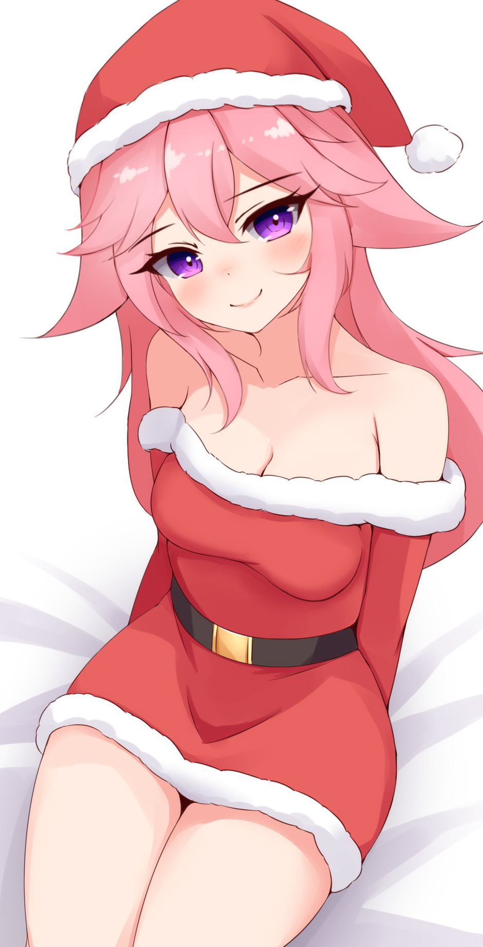 1girl ayatori_(aytr) christmas christmas_clothing christmas_costume christmas_hat female female_focus female_only fox_ears fox_girl hands_behind_back kitsune pink_hair simple_background solo violet_eyes white_background yae_miko