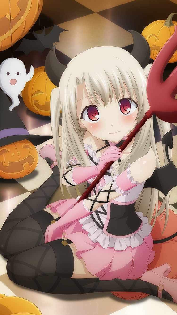 1girl black_thighhighs blonde_hair closed_mouth demon_girl demon_horns demon_tail demon_wings fake_tail fate/kaleid_liner_prisma_illya fate_(series) full_body game_cg ghost gloves hair_between_eyes high_heels highres holding_trident horns illyasviel_von_einzbern indoors long_hair looking_at_viewer official_art pink_gloves polearm pumpkin red_eyes sitting solo straight_hair tail thigh-highs third-party_source trident wariza weapon wings zettai_ryouiki