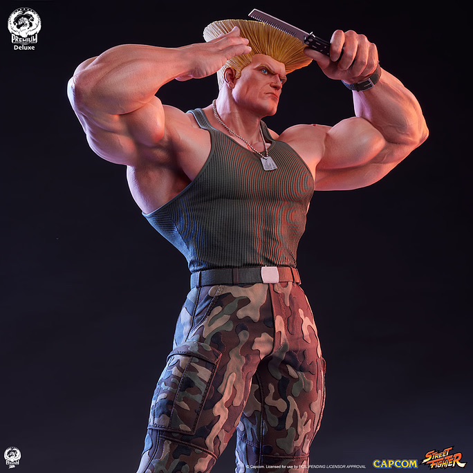 belt blonde_hair brushing_hair camouflage camouflage_pants comb dog_tags figure guile muscular muscular_male pants photo_(medium) posing serious simple_background standing street_fighter tank_top watch watch