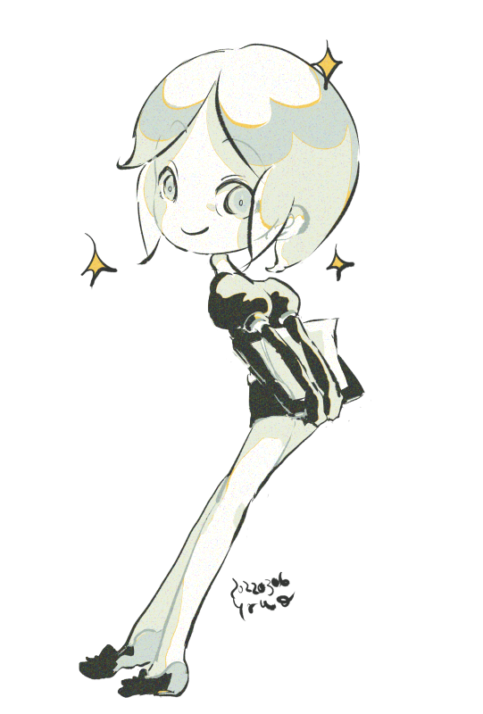 1other androgynous bare_legs dated elbow_gloves from_behind from_side full_body gem_uniform_(houseki_no_kuni) gloves holding holding_notepad houseki_no_kuni leaning_forward looking_at_viewer looking_back monochrome notepad other_focus phosphophyllite puffy_short_sleeves puffy_sleeves shoes short_hair short_sleeves solo standing yawo