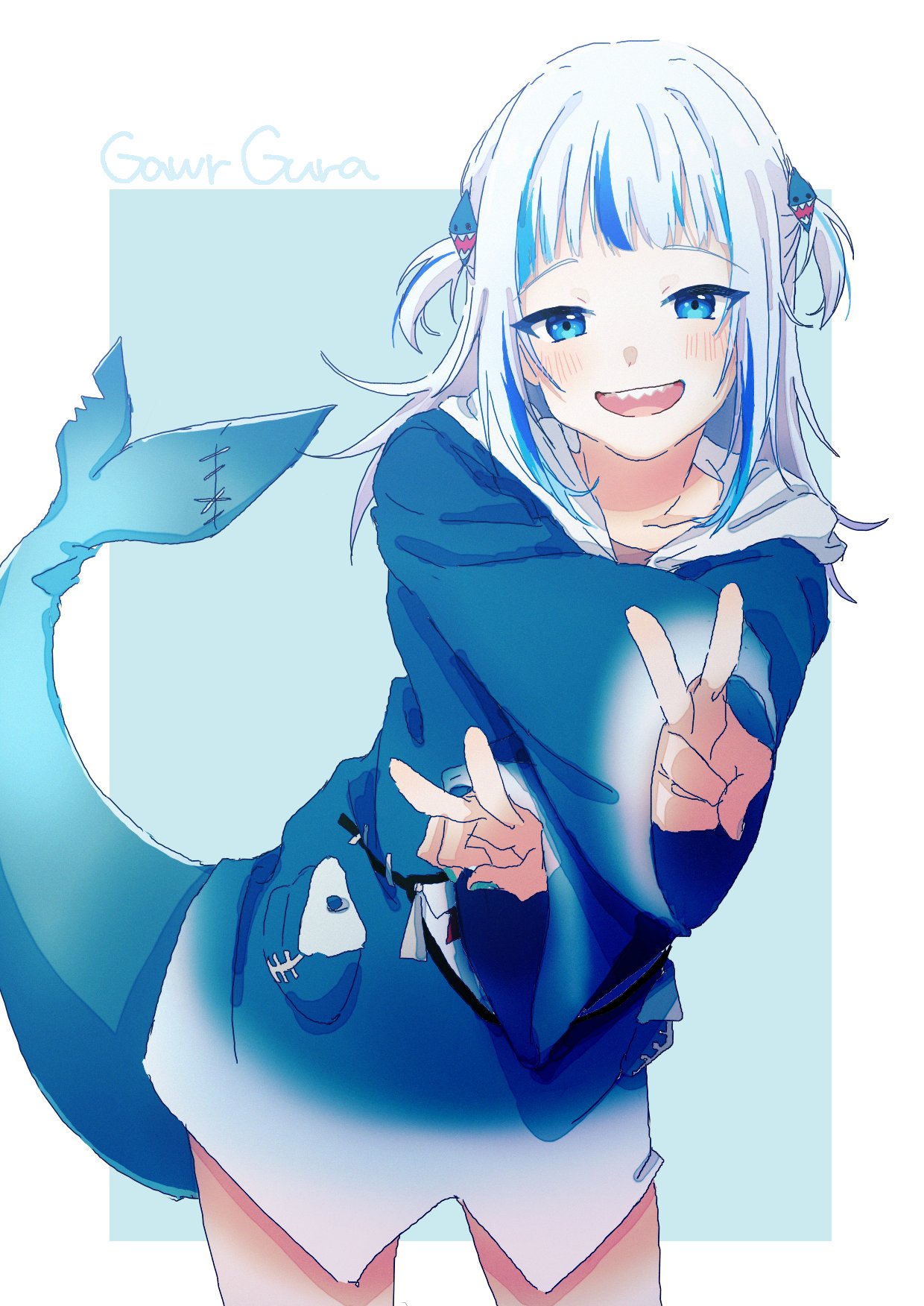 1girl banana3960 blue_background blue_eyes blue_hair blue_hoodie blunt_bangs blush character_name double_v fins fish_tail gawr_gura gawr_gura_(1st_costume) grey_hair hair_ornament highres hololive hololive_english hood hoodie long_hair long_sleeves looking_at_viewer multicolored_hair no_pants open_mouth shark_girl shark_hair_ornament shark_tail sharp_teeth simple_background sleeves_past_wrists smile solo streaked_hair tail teeth two_side_up v virtual_youtuber white_background