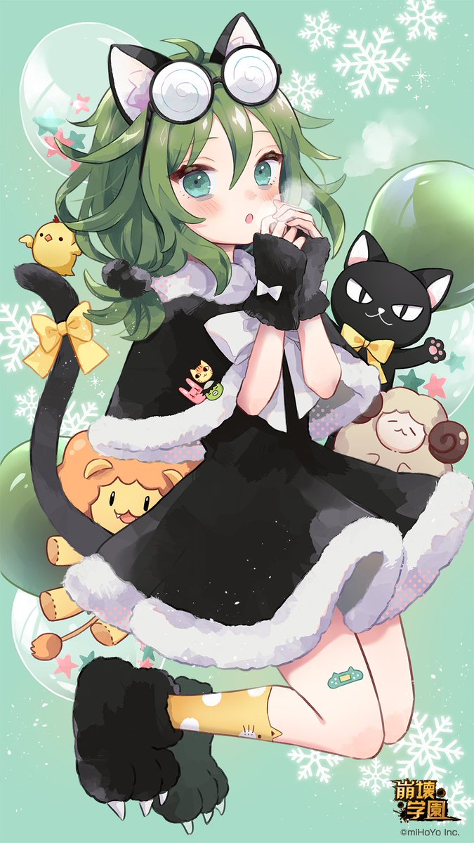1girl :o animal animal_ear_fluff animal_ear_legwear animal_ears bags_under_eyes balloon bandaid bandaid_on_leg benghuai_xueyuan black-framed_eyewear black_capelet black_cat black_dress black_footwear bow breathing_on_hands capelet cat cat_ears cat_girl cat_tail coke-bottle_glasses commentary_request dress eyewear_on_head full_body fur-trimmed_capelet fur-trimmed_dress fur_trim glasses green_background green_eyes green_hair hair_between_eyes hands_up highres honkai_(series) looking_at_viewer official_art parted_lips paw_shoes simple_background snowflakes socks solo star_(symbol) stuffed_animal stuffed_lion stuffed_toy tail tail_bow tail_ornament white_bow yellow_bow yellow_socks yssring_leavtruth