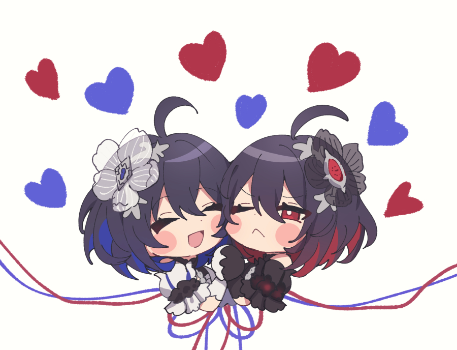 2girls ;&lt; ^_^ ahoge bare_shoulders black_dress black_gloves black_hair blue_hair blush_stickers chibi closed_eyes closed_mouth commentary_request cropped_torso dress elbow_gloves gloves hair_between_eyes heart heart_background holding_hands honkai_(series) honkai_impact_3rd multicolored_hair multiple_girls red_eyes redhead seele_(alter_ego) seele_vollerei simple_background soha_ez two-tone_hair upper_body v-shaped_eyebrows white_background white_dress white_gloves