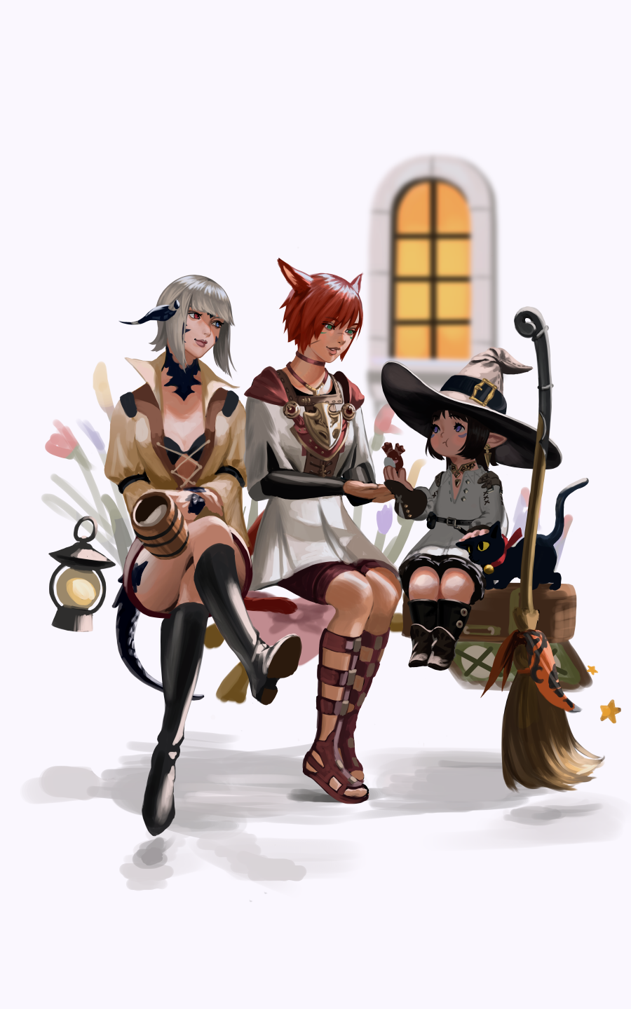 3girls animal_ears aura black_bra black_cat black_footwear black_hair blue_eyes boots bra broom brown_footwear cat cat_ears crossed_legs cup facepaint final_fantasy final_fantasy_xiv flower green_eyes hat heterochromia highres holding holding_cup hollizho lalafell lamp lanturn looking_at_another multiple_girls parted_lips petting plant purple_flower red_eyes red_flower red_ribbon redhead ribbon short_hair simple_background sitting spriggan_(final_fantasy) underwear violet_eyes white_background white_hair window witch_hat wooden_cup yellow_flower