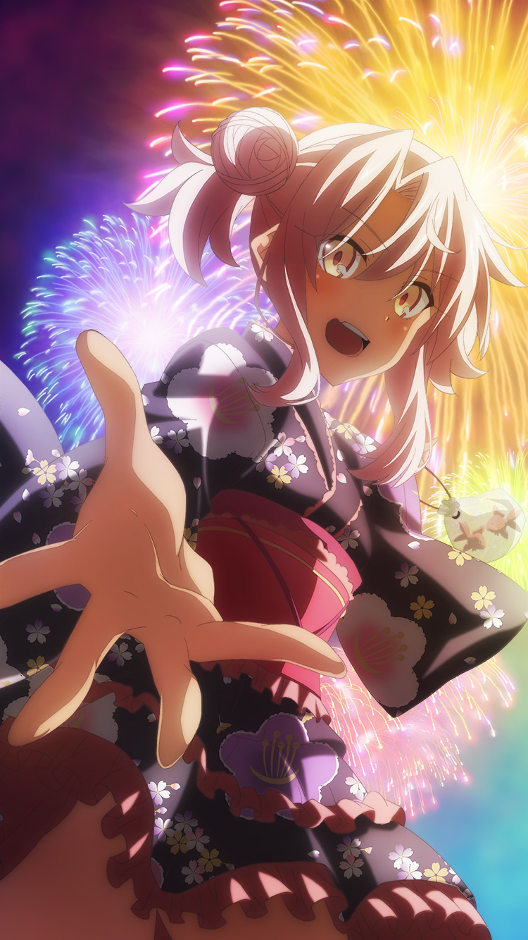 :d blush chloe_von_einzbern dark-skinned_female dark_skin dutch_angle fate/kaleid_liner_prisma_illya fate_(series) fireworks floral_print game_cg highres japanese_clothes kimono long_hair long_sleeves looking_at_viewer night obi official_art open_mouth outdoors outstretched_arm pink_hair print_kimono red_pupils sash smile teeth third-party_source upper_teeth_only wide_sleeves yellow_eyes yukata