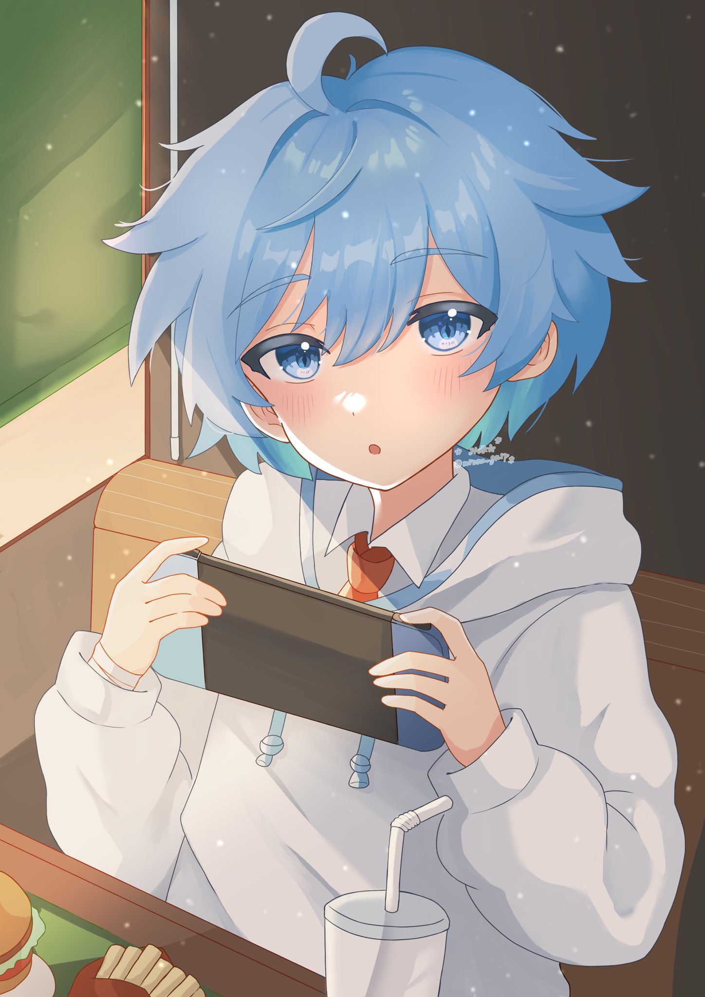 1boy blue_eyes blue_hair burger chair chongyun_(genshin_impact) chongyun_(gigo)_(genshin_impact) controller cup desk drinking_straw food french_fries game_controller genshin_impact hair_between_eyes highres holding holding_controller holding_game_controller hood hoodie long_sleeves looking_at_viewer male_focus miuna_gnip necktie nintendo_switch open_mouth red_necktie short_hair sitting solo white_hoodie