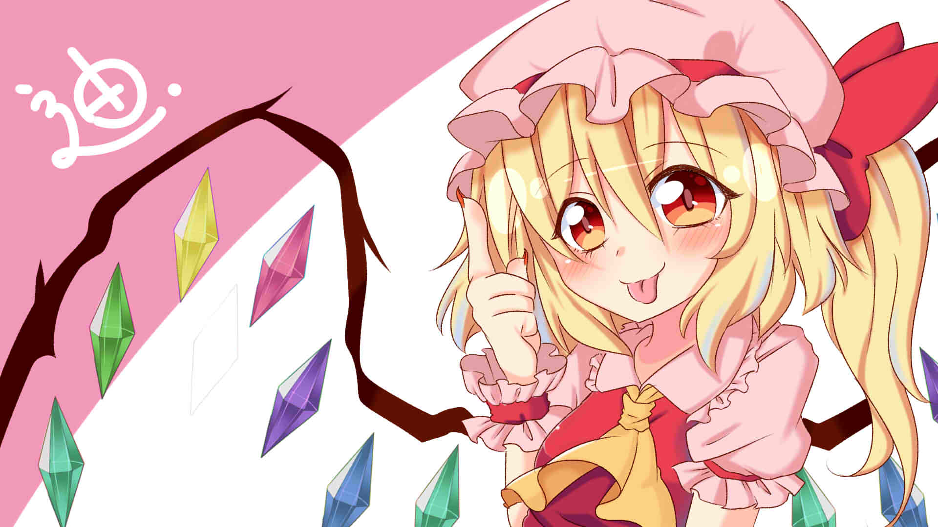 1girl :p blonde_hair blush bow breasts collared_shirt crystal fingernails flandre_scarlet frilled_shirt_collar frilled_sleeves frills hair_between_eyes hat hat_bow hat_ribbon head_tilt highres index_finger_raised looking_at_viewer medium_hair multicolored_wings nail_polish one_side_up pink_background pink_headwear pink_shirt puffy_short_sleeves puffy_sleeves red_eyes red_nails red_ribbon red_vest ribbon ribbon-trimmed_headwear ribbon_trim sharp_fingernails shirt short_sleeves simple_background sleeve_ribbon small_breasts solo suwa_genbu tongue tongue_out touhou upper_body vest white_background wings wrist_cuffs