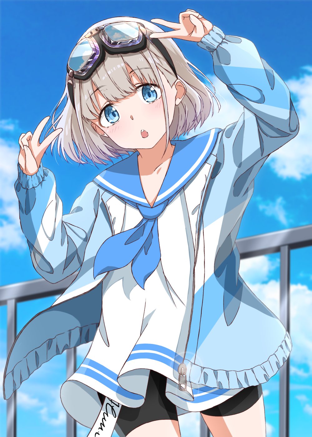 1girl bike_shorts blue_eyes blue_jacket blue_neckerchief blue_sailor_collar blue_sky blush breasts chestnut_mouth collarbone cowboy_shot day double_v fence glint goggles goggles_on_head grey_hair hands_up highres idolmaster idolmaster_shiny_colors jacket long_sleeves looking_at_viewer momorappu neckerchief open_clothes open_jacket outdoors sailor_collar serizawa_asahi shirt short_hair sky small_breasts solo standing striped striped_jacket teeth upper_teeth_only v white_shirt zipper zipper_pull_tab