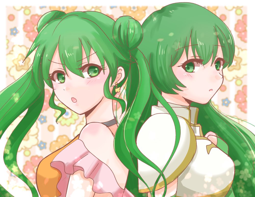 2girls armor back-to-back breastplate double_bun earrings erinys_(fire_emblem) fire_emblem fire_emblem:_genealogy_of_the_holy_war floral_background from_side green_eyes green_hair hair_between_eyes hair_bun jewelry long_hair multiple_girls open_mouth shoulder_armor silvia_(fire_emblem) twintails upper_body yuurifeh