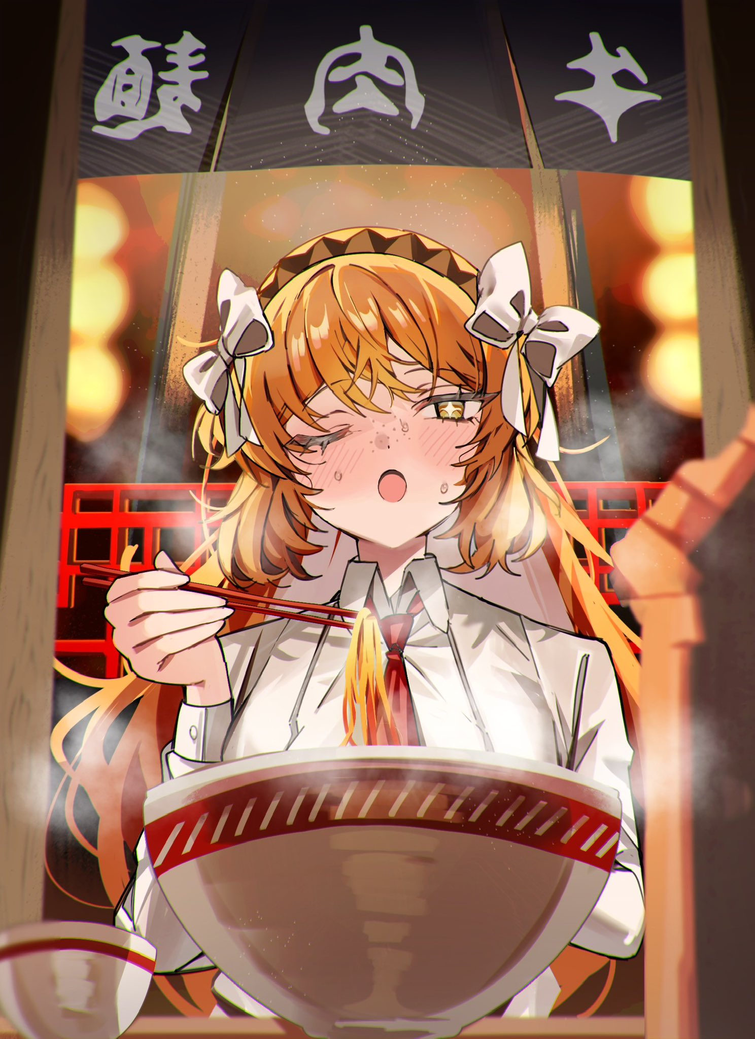 1girl chopsticks green_eyes highres holding holding_chopsticks ishmael_(project_moon) limbus_company looking_at_viewer mu46016419 necktie orange_hair project_moon red_necktie ribbon shirt solo white_ribbon white_shirt
