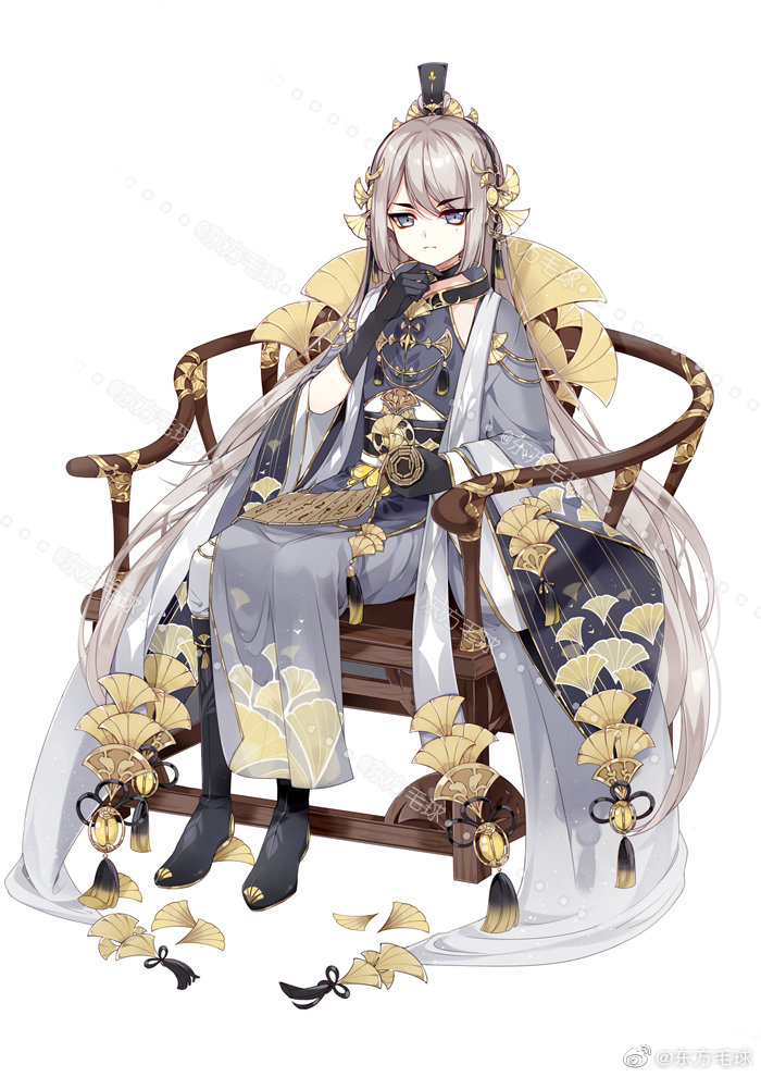 1boy androgynous armchair bamboo_scroll black_footwear black_gloves black_sash blue_eyes boots candied_ginko_nut_(the_tale_of_food) chair chinese_clothes closed_mouth coat dongfang_mao_qiu double-parted_bangs expressionless full_body ginkgo_leaf ginkgo_leaf_print gloves gold_trim grey_coat grey_hair grey_robe hair_ornament halterneck hand_on_own_chin hanfu holding holding_scroll leaf leaf_hair_ornament leaf_print long_hair long_sleeves looking_at_viewer male_focus mole mole_under_eye official_art pants petite robe sash scroll sidelocks simple_background sitting solo tassel the_tale_of_food very_long_hair watermark weibo_logo weibo_username white_background white_pants wide_sleeves xiao_guan_(headdress)
