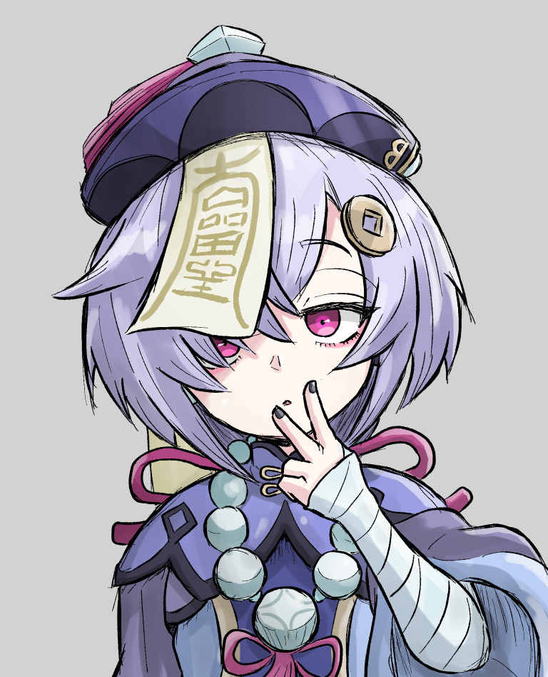 amon_higu3106 bandaged_arm bandages bead_necklace beads coin_hair_ornament dress expressionless genshin_impact grey_background hair_ornament half-closed_eyes hat jewelry jiangshi looking_at_viewer necklace ofuda_on_head pale_skin parted_lips purple_dress purple_hair purple_headwear qingdai_guanmao qiqi_(genshin_impact) tareme upper_body v violet_eyes wide_sleeves