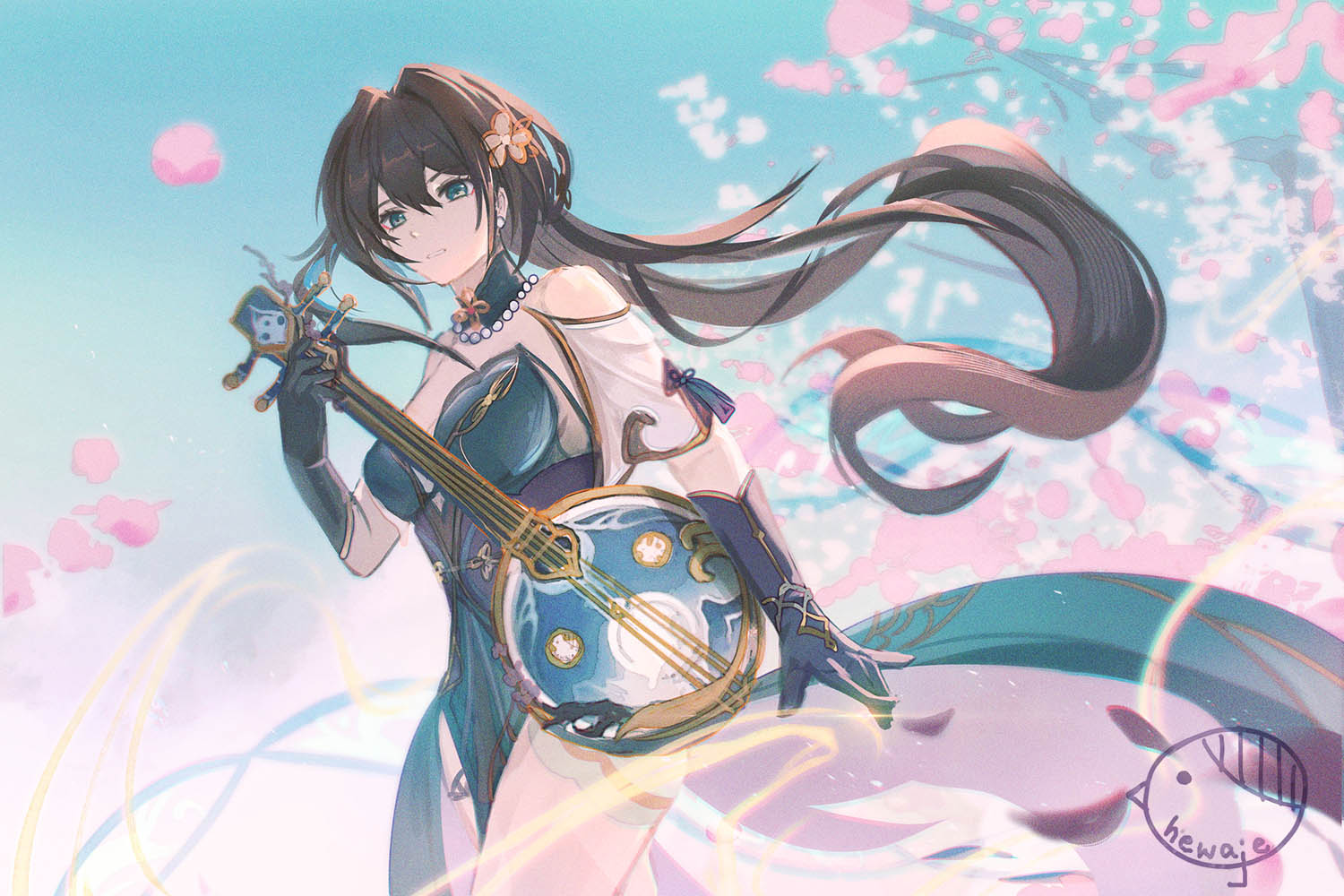 1girl aqua_dress aqua_eyes aqua_gloves bare_shoulders bead_necklace beads black_hair breasts brown_hair cherry_blossoms chinese_clothes clothing_cutout cowboy_shot dress from_side gloves hair_between_eyes hewaje holding holding_instrument honkai:_star_rail honkai_(series) instrument jewelry long_hair medium_breasts necklace parted_lips pearl_necklace ruan ruan_mei_(honkai:_star_rail) shoulder_cutout solo watermark