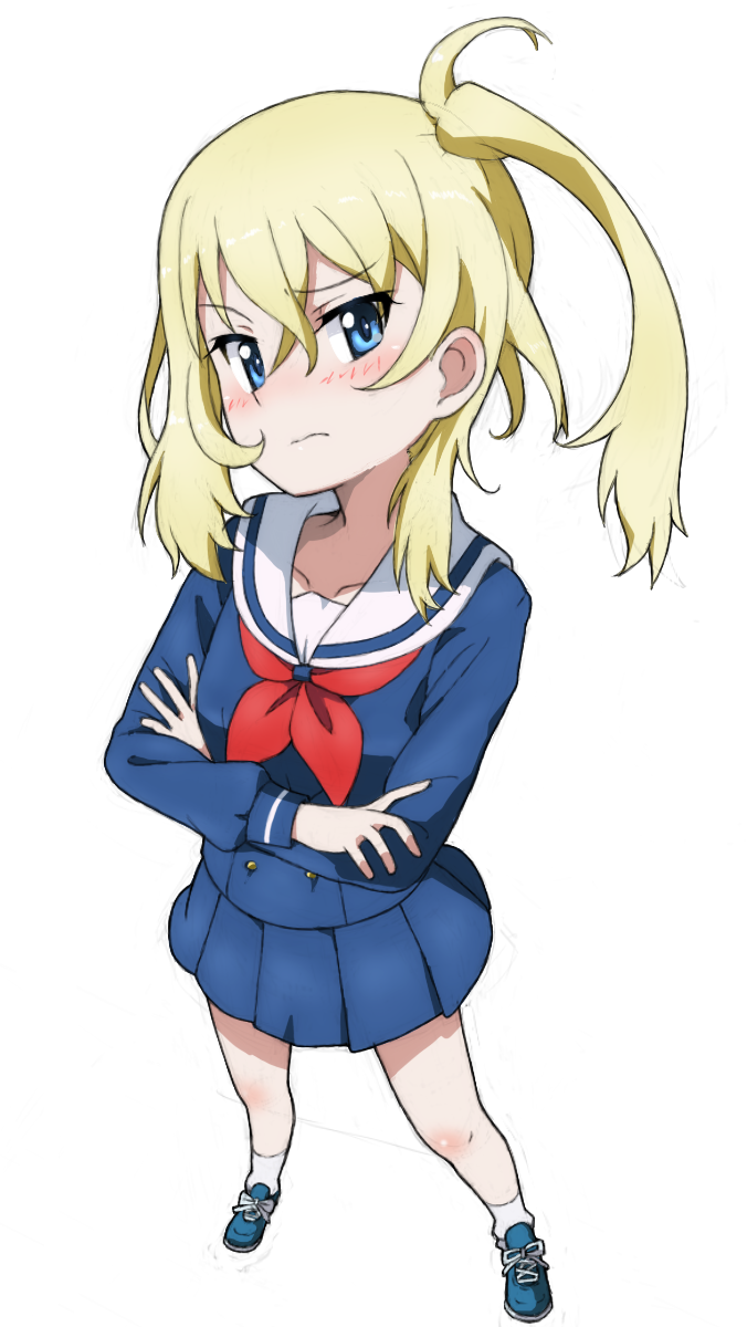1girl alternate_costume blonde_hair blue_eyes blue_footwear blue_shirt blue_skirt closed_mouth commentary commentary_request crossed_arms foreshortening frown full_body girls_und_panzer hair_up head_tilt highres kayabakoro long_sleeves looking_at_viewer medium_hair messy_hair miniskirt neckerchief oshida_(girls_und_panzer) pleated_skirt red_neckerchief sailor_collar school_uniform serafuku shirt shoes side_ponytail simple_background skirt socks solo standing white_background white_sailor_collar white_socks