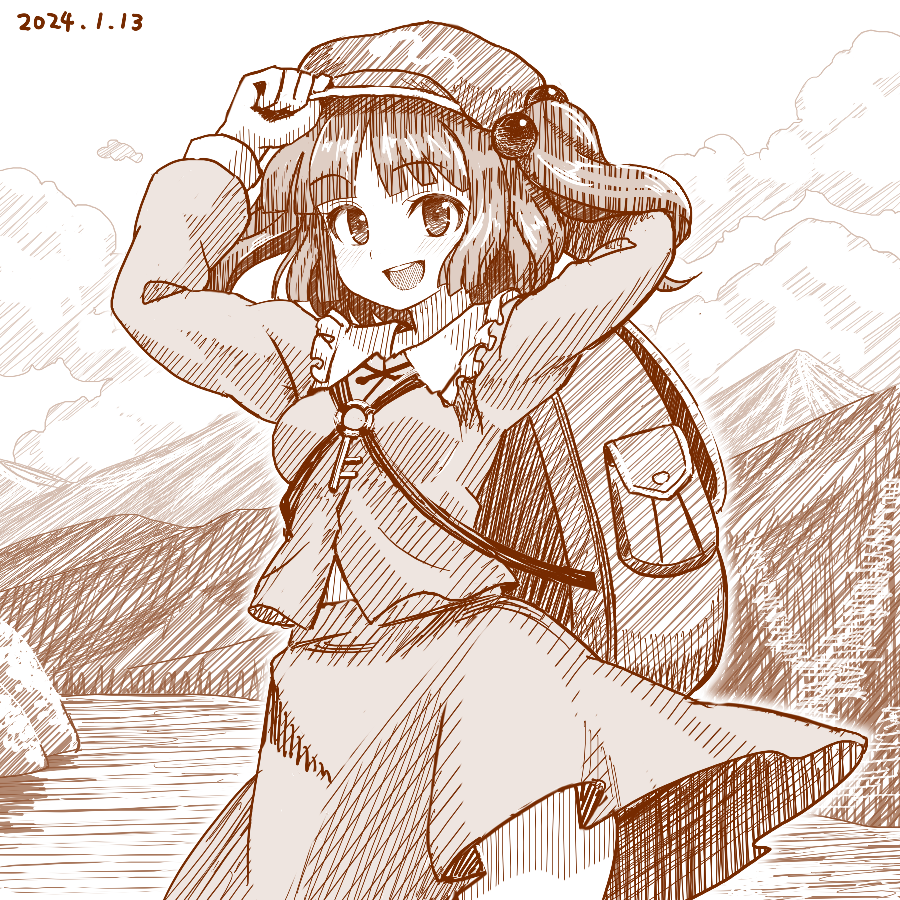 1girl :d arm_behind_back backpack bag clouds commentary_request cowboy_shot dated flat_cap greyscale hair_bobbles hair_ornament hat kawashiro_nitori key long_sleeves looking_at_viewer monochrome mountainous_horizon nokimenayu open_mouth outdoors shirt sketch skirt smile solo teeth touhou two_side_up upper_teeth_only