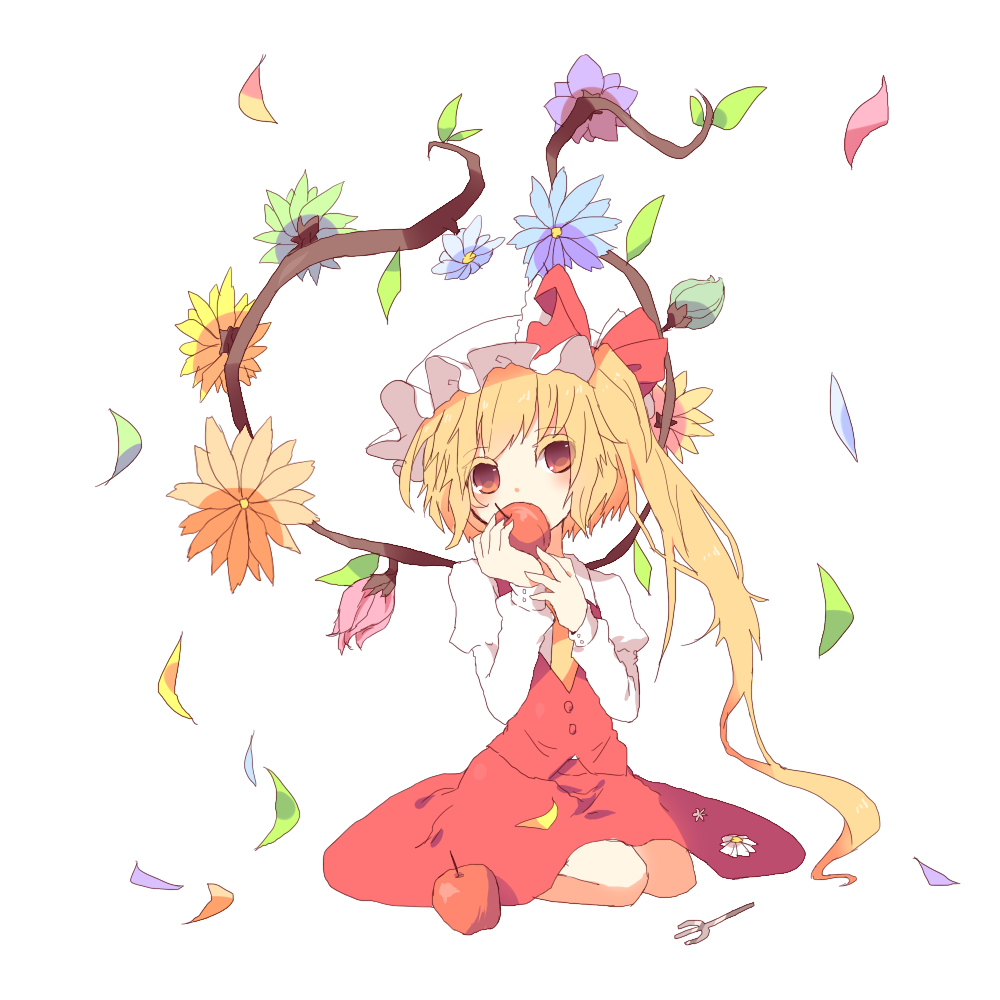 1girl absurdly_long_hair adapted_costume alternate_wings apple blonde_hair blue_flower blue_petals bow collared_shirt flower food fruit full_body green_flower green_petals hat hat_bow holding holding_food holding_fruit juliet_sleeves kozakura_(dictionary) long_hair long_sleeves looking_at_viewer mob_cap multicolored_wings necktie one_side_up orange_flower orange_petals pink_flower pink_petals puffy_sleeves purple_flower purple_petals red_apple red_bow red_eyes red_skirt red_vest shirt short_sleeves simple_background skirt solo very_long_hair vest white_background white_headwear white_shirt wings yellow_flower yellow_necktie yellow_petals