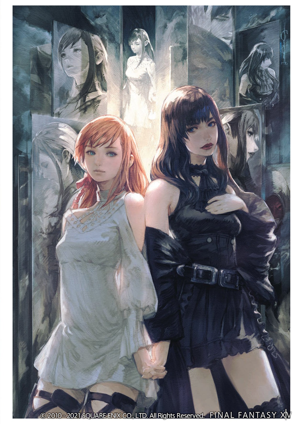 2girls ascot backlighting bare_shoulders belt belt_buckle black_ascot black_choker black_dress black_hair black_thighhighs blue_eyes border buckle choker clothing_cutout copyright_name copyright_notice cowboy_shot detached_sleeves dress eye_contact final_fantasy final_fantasy_xiv gaia_(ff14) hair_ribbon hand_on_own_chest highres holding_hands hyur interlocked_fingers lace-trimmed_choker lace_trim legwear_garter long_hair long_sleeves looking_at_another mogi_yuusuke multiple_girls official_art orange_hair realistic red_lips ribbon ryne_waters shoulder_cutout side-by-side sideways_glance signature standing swept_bangs thigh-highs wavy_hair white_border white_dress yuri