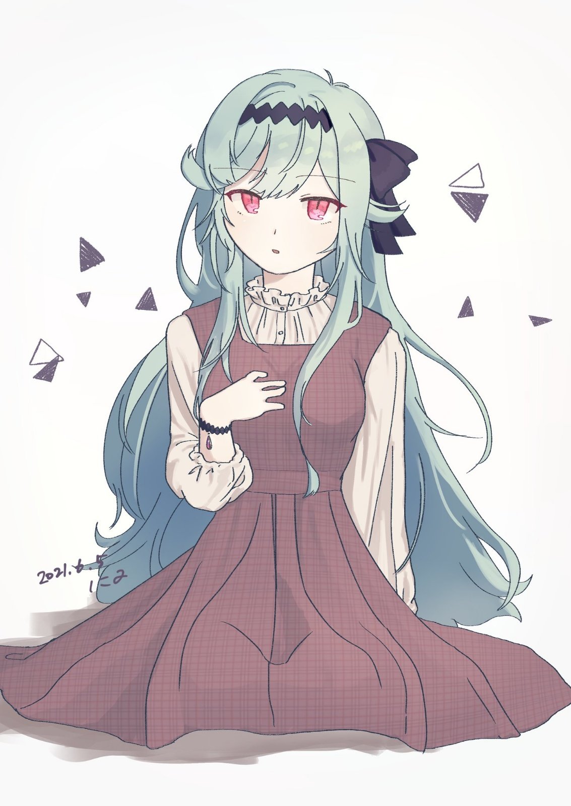 1girl 2021 alternate_costume blue_hair breasts casual chaos_aurora_(grimms_notes) dated grimms_notes hair_ribbon hand_on_own_chest highres long_hair open_mouth red_eyes ribbon simple_background sitting solo taaanu30_1 white_background