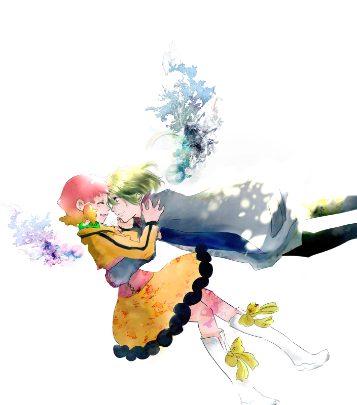 1boy 1girl aquarion_(series) aquarion_evol boots closed_eyes couple gradient_hair green_hair green_headphones hair_ornament hairclip headphones headphones_around_neck hug jin_musou kn-aoight looking_at_another multicolored_hair orange_skirt short_hair simple_background skirt smile white_background white_footwear yunoha_thrul