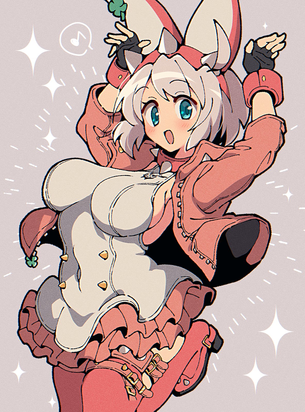 1girl ahoge animal_ears aqua_eyes blush bracelet breasts clover collar dress elphelt_valentine four-leaf_clover frilled_dress frills guilty_gear guilty_gear_strive hairband highres huge_ahoge itsuka_neru jacket jewelry large_breasts looking_at_viewer open_mouth pink_dress pink_footwear pink_hairband pink_jacket short_hair smile spiked_bracelet spiked_collar spiked_hairband spikes two-tone_dress white_dress white_hair