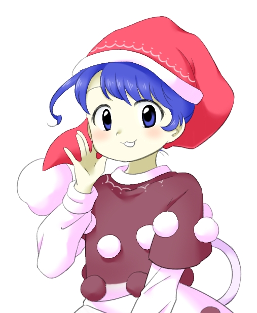 1girl :3 :d blue_eyes blue_hair brown_dress doremy_sweet dress hand_up hat long_sleeves nightcap nonamejd official_style pom_pom_(clothes) red_headwear short_hair smile solo tail tail_raised tapir_tail touhou two-tone_dress white_dress white_tail zun_(style)