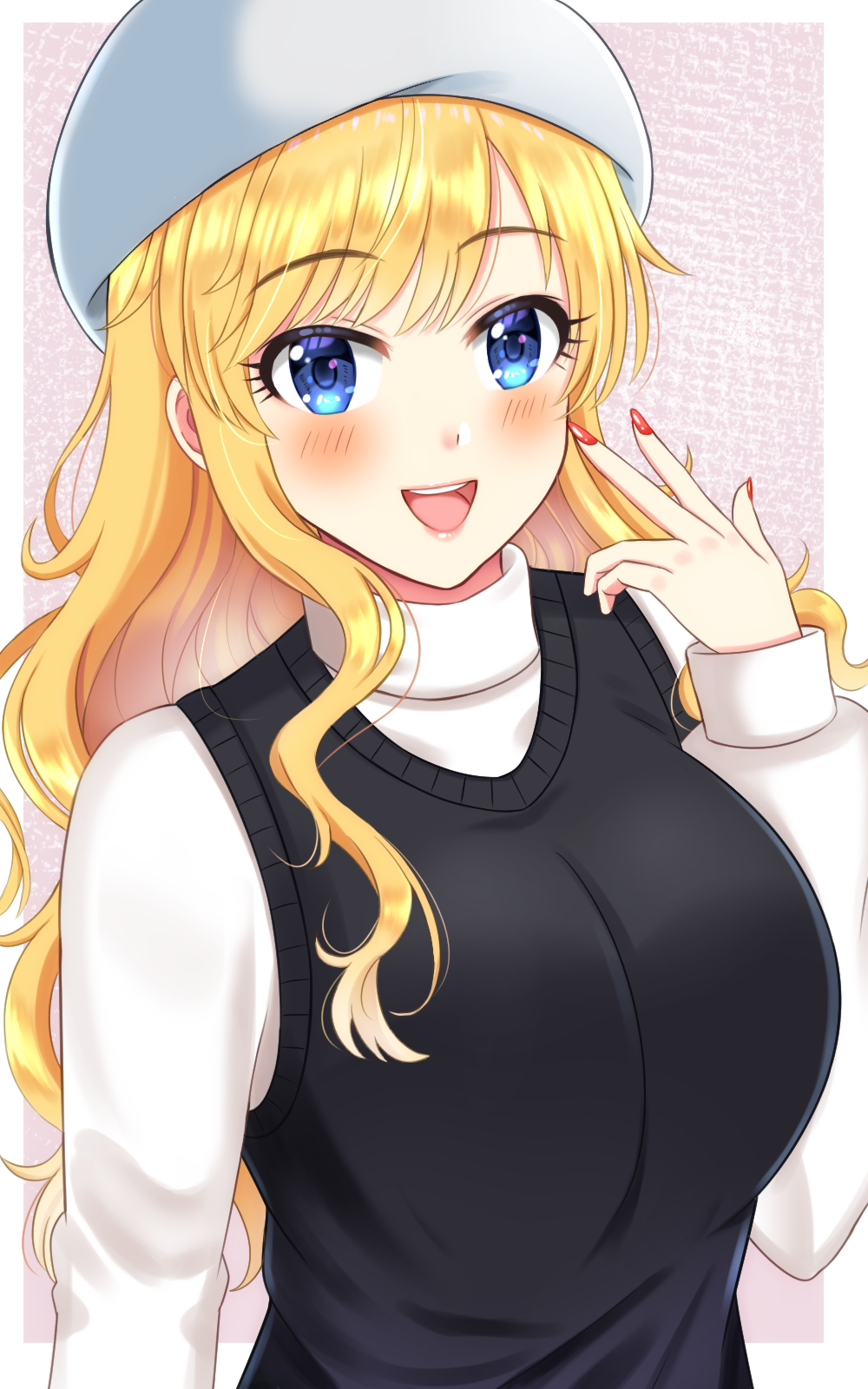 1girl :d black_vest blonde_hair blue_eyes blush breasts easyfunkycrazy grey_headwear highres idolmaster idolmaster_cinderella_girls large_breasts looking_at_viewer multicolored_hair nail_polish ohtsuki_yui red_nails shirt smile solo sweater teeth tongue two-tone_hair upper_body upper_teeth_only vest white_hair white_shirt white_sweater