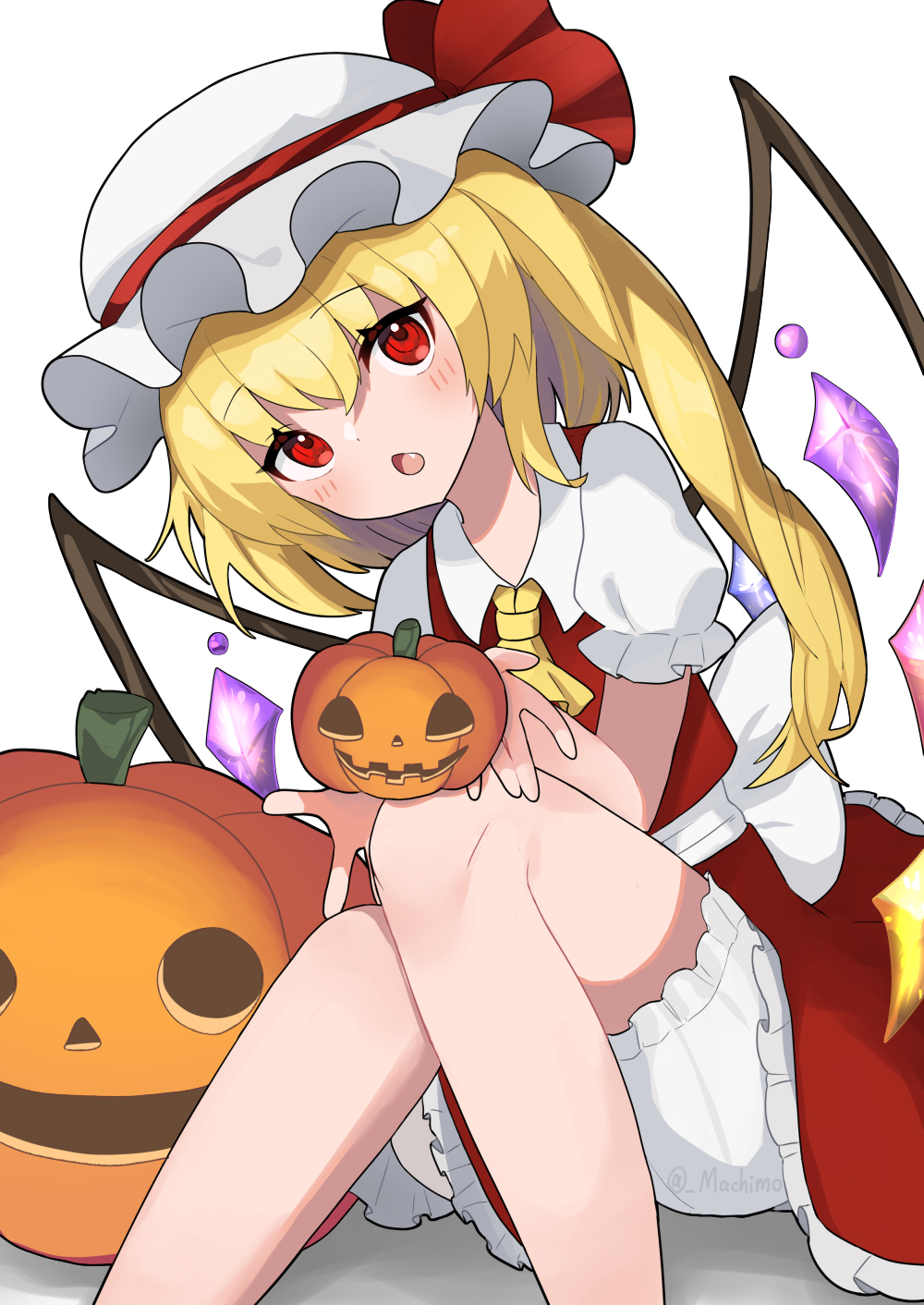 1girl ascot blonde_hair bloomers flandre_scarlet halloween hat highres jack-o'-lantern machimo mob_cap open_mouth red_eyes simple_background sitting solo touhou white_background yellow_ascot