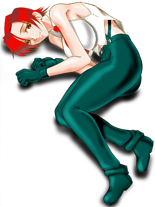 1girl closed_mouth crop_top cropped_shirt green_footwear green_pants light_smile lying mature_female midriff mokkouyou_bond necktie non-web_source on_side pants pinstripe_pants pinstripe_pattern red_eyes red_necktie redhead short_hair sleeveless snk the_king_of_fighters vanessa_(kof)