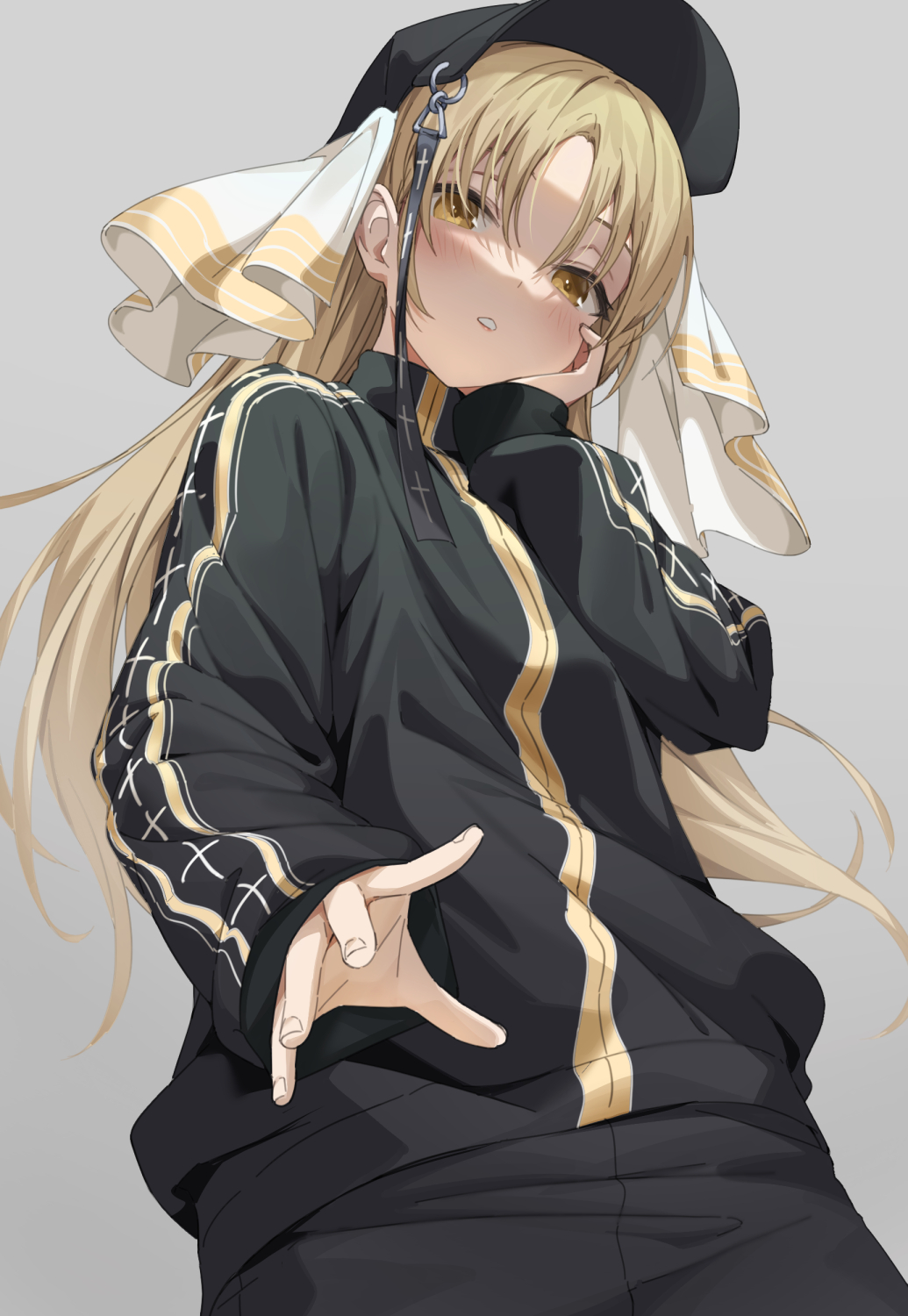 1girl bandana baseball_cap black_headwear black_jacket blonde_hair blush cowboy_shot dogma_(vocaloid) english_commentary floating_hair grey_background hachinatsu hand_on_own_face hat highres jacket long_hair long_sleeves looking_at_viewer looking_up nijisanji official_alternate_costume parted_bangs parted_lips reaching reaching_towards_viewer simple_background sister_claire skirt sleeves_past_wrists solo track_jacket virtual_youtuber white_bandana yellow_eyes