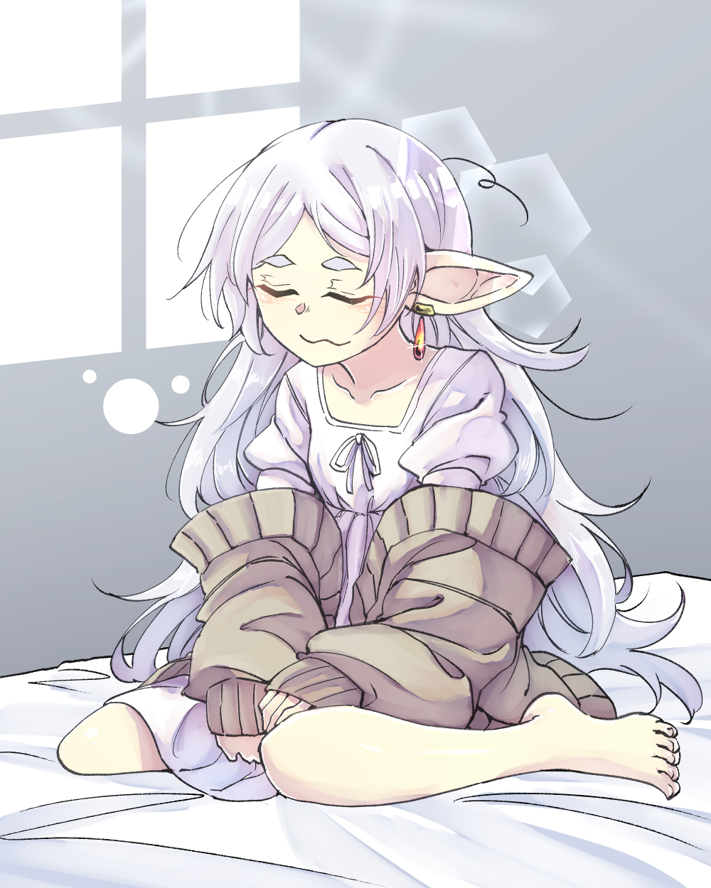 1girl blush brown_cardigan cardigan closed_eyes commentary_request dangle_earrings earrings frieren hair_down highres jewelry long_hair messy_hair nightgown on_bed parted_bangs pointy_ears sitting sleep_bubble solo sousou_no_frieren the_maa uwu wariza white_nightgown