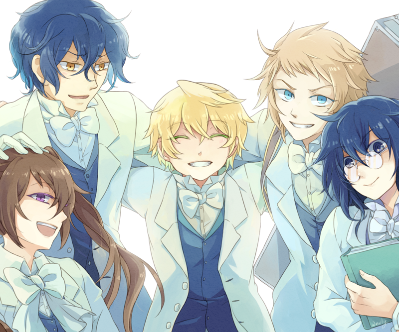 1girl 4boys alice_(pandora_hearts) black_hair black_vest blue_eyes bow bowtie brown_hair elliot_nightray gilbert_nightray glasses grin hand_on_another's_head leo_(pandora_hearts) long_hair looking_at_viewer multiple_boys open_mouth oz_vessalius pandora_hearts school_uniform short_hair smile suit twintails vest violet_eyes wavily white_background white_bow white_bowtie white_suit yellow_eyes