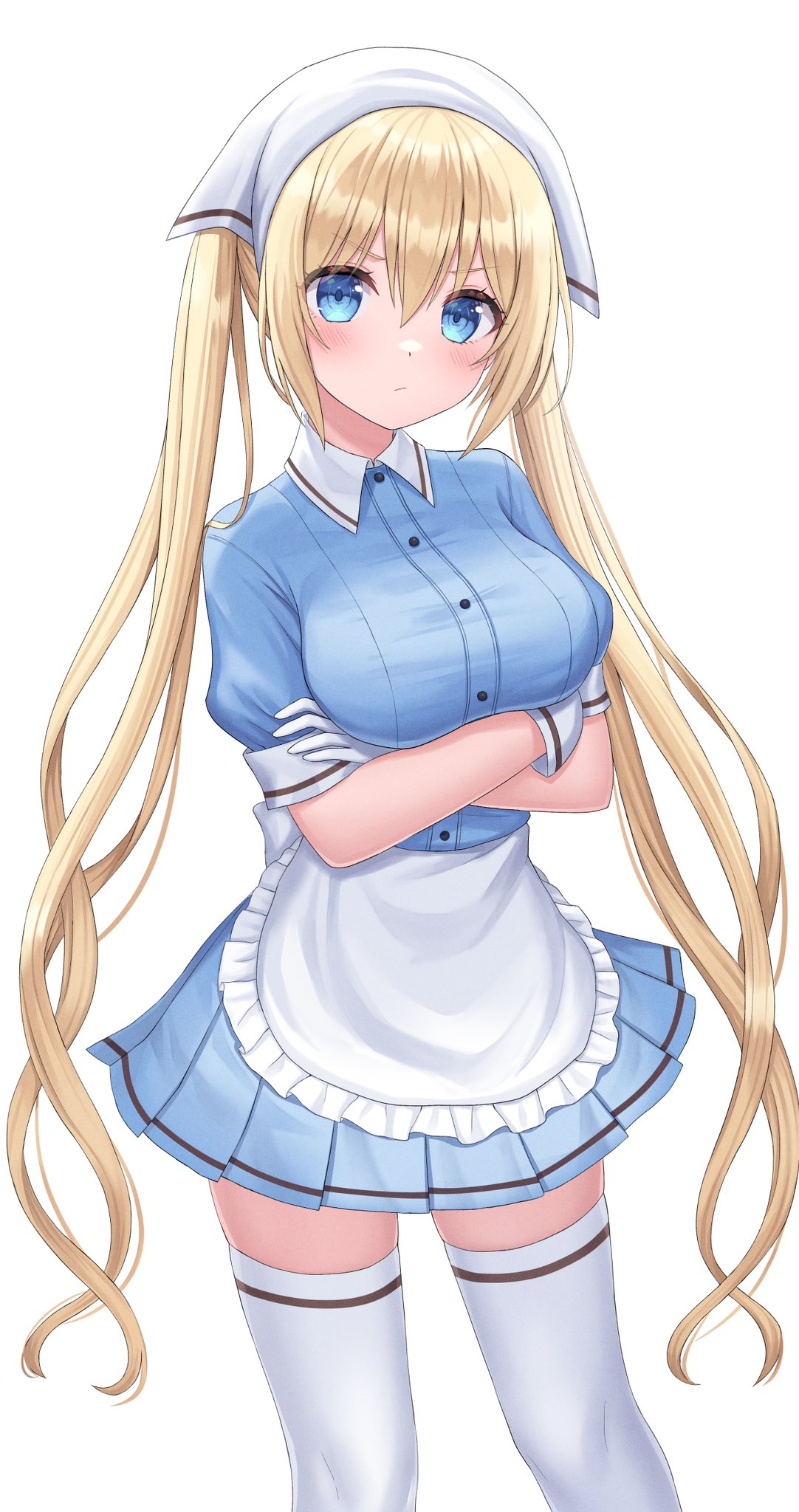 1girl apron blend_s blonde_hair blue_eyes blue_shirt blue_skirt breasts closed_mouth collar collared_shirt crossed_arms frilled_apron frills gloves hair_between_eyes highres hinata_kaho large_breasts long_hair looking_at_viewer maid_apron seungju_lee shirt short_sleeves sidelocks simple_background skirt solo standing thigh-highs twintails white_apron white_collar white_gloves white_thighhighs zettai_ryouiki