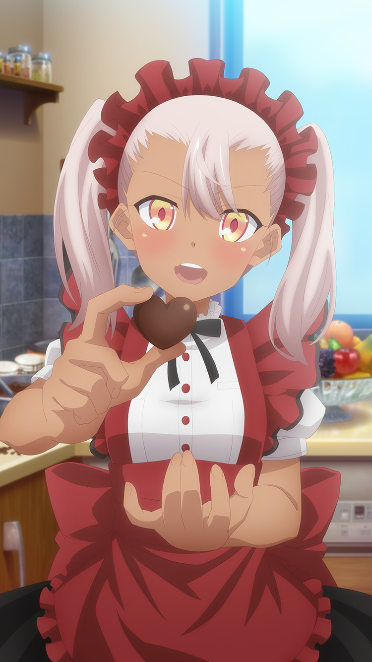 1girl apple apron breasts chloe_von_einzbern dark-skinned_female dark_skin dot_nose fate/kaleid_liner_prisma_illya fate_(series) food forehead fruit game_cg grapes hair_between_eyes highres holding indoors long_hair looking_at_viewer maid_apron maid_headdress official_art orange_(fruit) pink_hair puffy_short_sleeves puffy_sleeves red_pupils shirt short_sleeves small_breasts solo teeth third-party_source twintails upper_teeth_only white_shirt window yellow_eyes