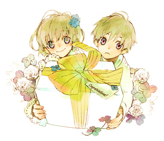1boy 1girl 21grams-a ahoge blonde_hair blue_eyes blue_flower bow carnation closed_mouth clover collared_shirt commentary_request english_commentary fingernails flower four-leaf_clover frown genshin_impact gift giving green_pupils hair_flower hair_ornament holding holding_gift lace-trimmed_collar lace-trimmed_sleeves lace_trim light_blush long_sleeves looking_at_viewer mixed-language_commentary red_pupils shirt short_hair sleeves_past_wrists smile striped striped_bow upper_body white_background white_carnation white_shirt white_sleeves yellow_bow