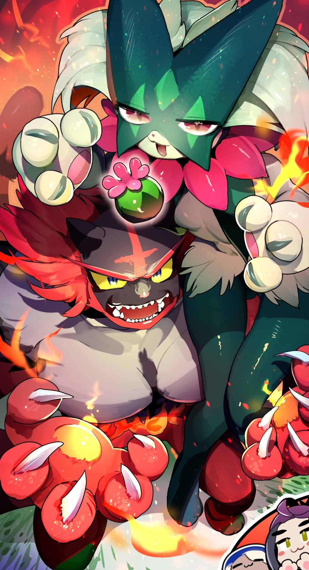 animal_hands carrying carrying_person claws fire from_above highres incineroar looking_at_viewer looking_up meowscarada open_mouth pokemon pokemon_(creature) pokemon_sv sitting_on_arm standing tamukoro teeth