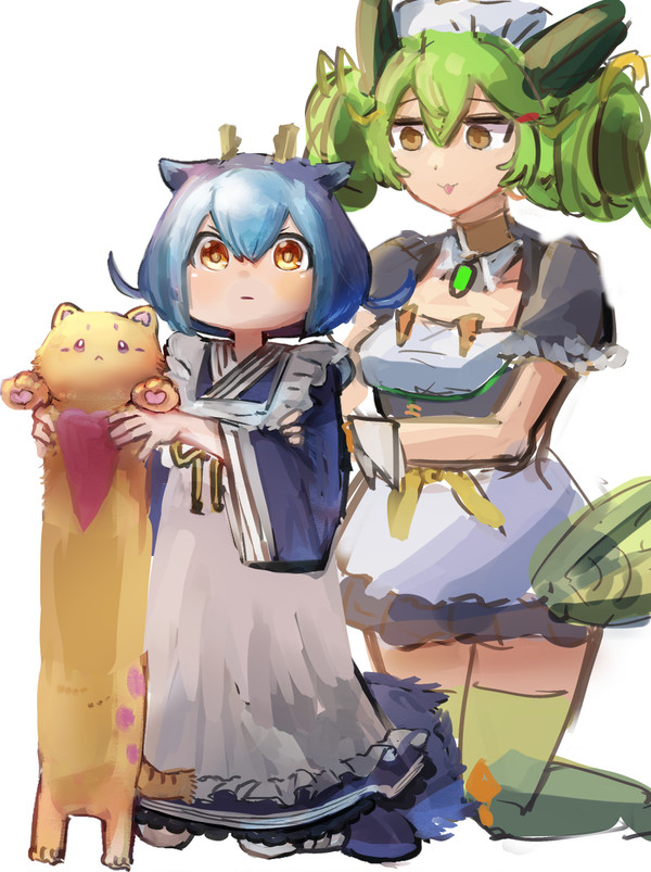 2girls :&lt; animal apron blue_hair cat closed_mouth commentary dragon_girl dress duel_monster feet_out_of_frame frilled_apron frills full_body green_hair green_thighhighs hair_between_eyes hatano_kiyoshi heart holding holding_animal holding_cat horns kneeling laundry_dragonmaid long_sleeves longcat_(meme) looking_at_viewer maid md5_mismatch melffy_catty meme multicolored_hair multiple_girls parlor_dragonmaid puffy_short_sleeves puffy_sleeves short_hair short_sleeves simple_background tail thigh-highs tongue tongue_out two-tone_hair v-shaped_eyebrows white_background wide_sleeves yellow_eyes yu-gi-oh!