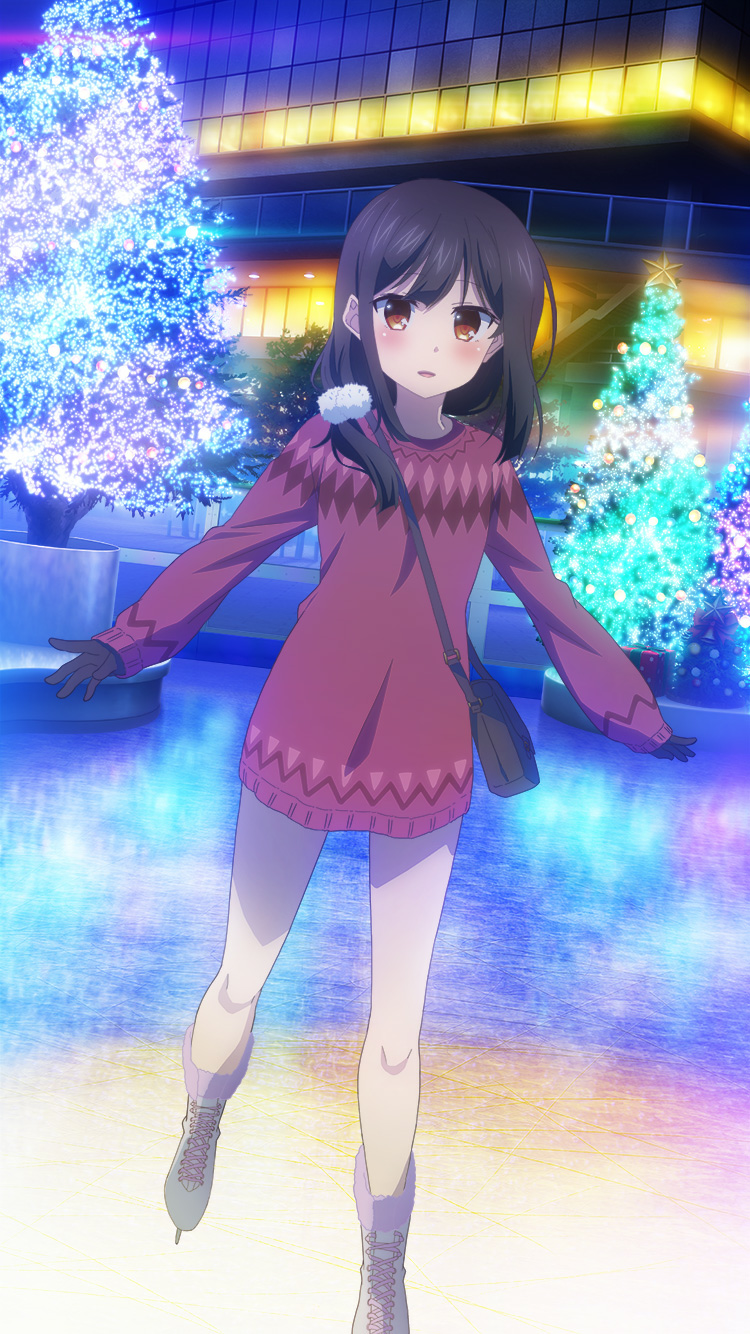 1girl bag black_gloves black_hair blush boots building dress fate/kaleid_liner_prisma_illya fate_(series) flat_chest full_body game_cg gloves hair_between_eyes highres knees long_hair looking_at_viewer miyu_edelfelt night official_art outdoors red_dress short_dress shoulder_bag sidelocks skating sleeves_past_wrists solo thighs third-party_source tree