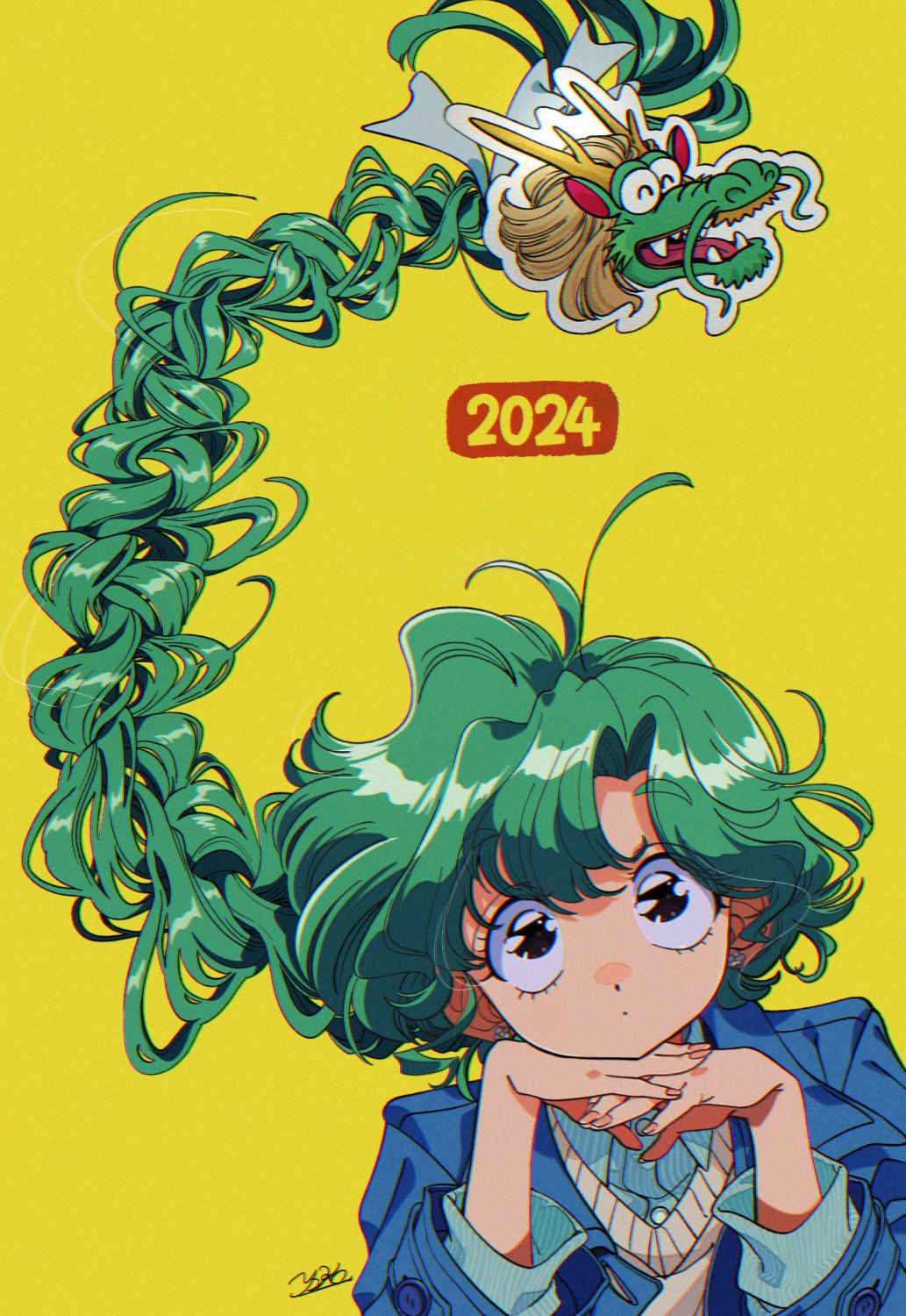 1girl black_eyes blue_shirt braid chinese_zodiac curtained_hair dragon eastern_dragon film_grain green_hair hands_on_own_chin happy_new_year head_rest highres hrn_yc layered_clothes layered_sleeves long_hair looking_up new_year original retro_artstyle shirt signature simple_background solo very_long_hair year_of_the_dragon yellow_background