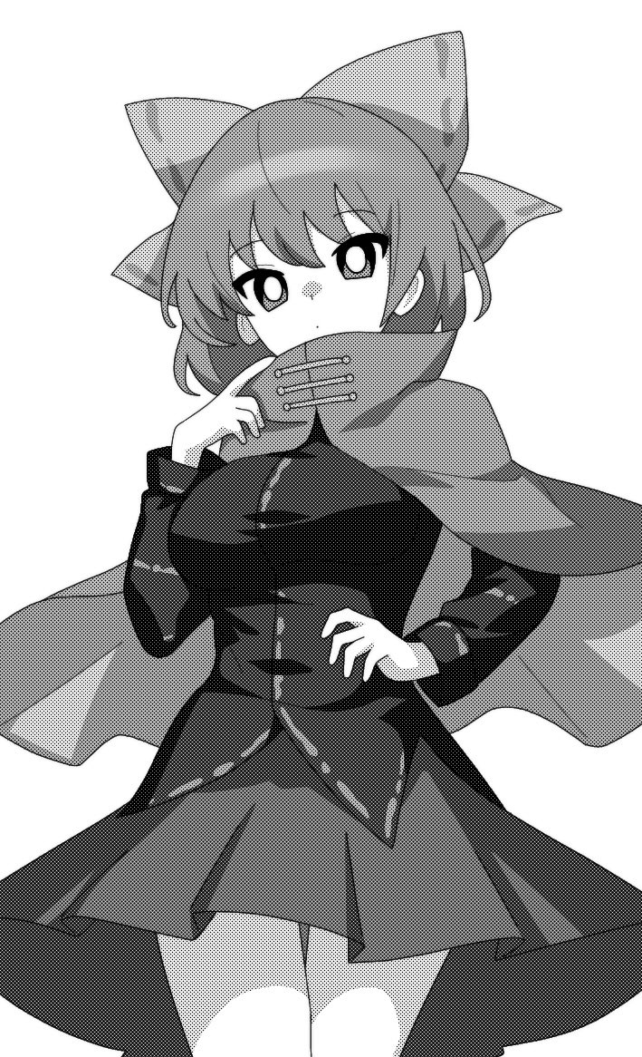 1girl bow breasts cape closed_mouth cowboy_shot greyscale hair_bow long_sleeves looking_at_viewer medium_breasts monochrome onkn_sxkn pleated_skirt sekibanki shirt short_hair simple_background skirt solo touhou white_background