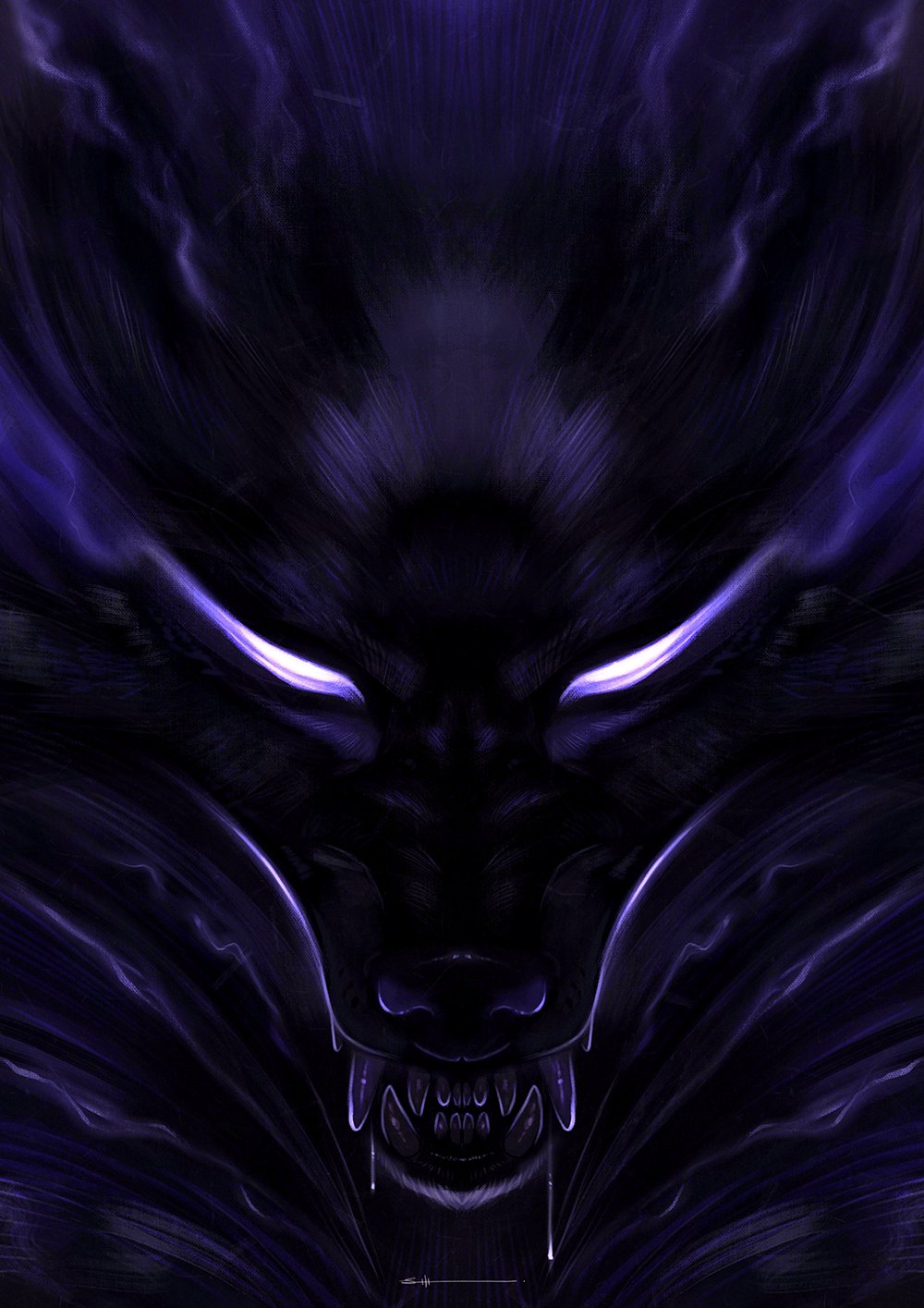 angry animal_focus blue_eyes glowing glowing_eyes highres kindred_(league_of_legends) league_of_legends looking_at_viewer no_humans sarah_mason sharp_teeth solo teeth wolf_(league_of_legends)