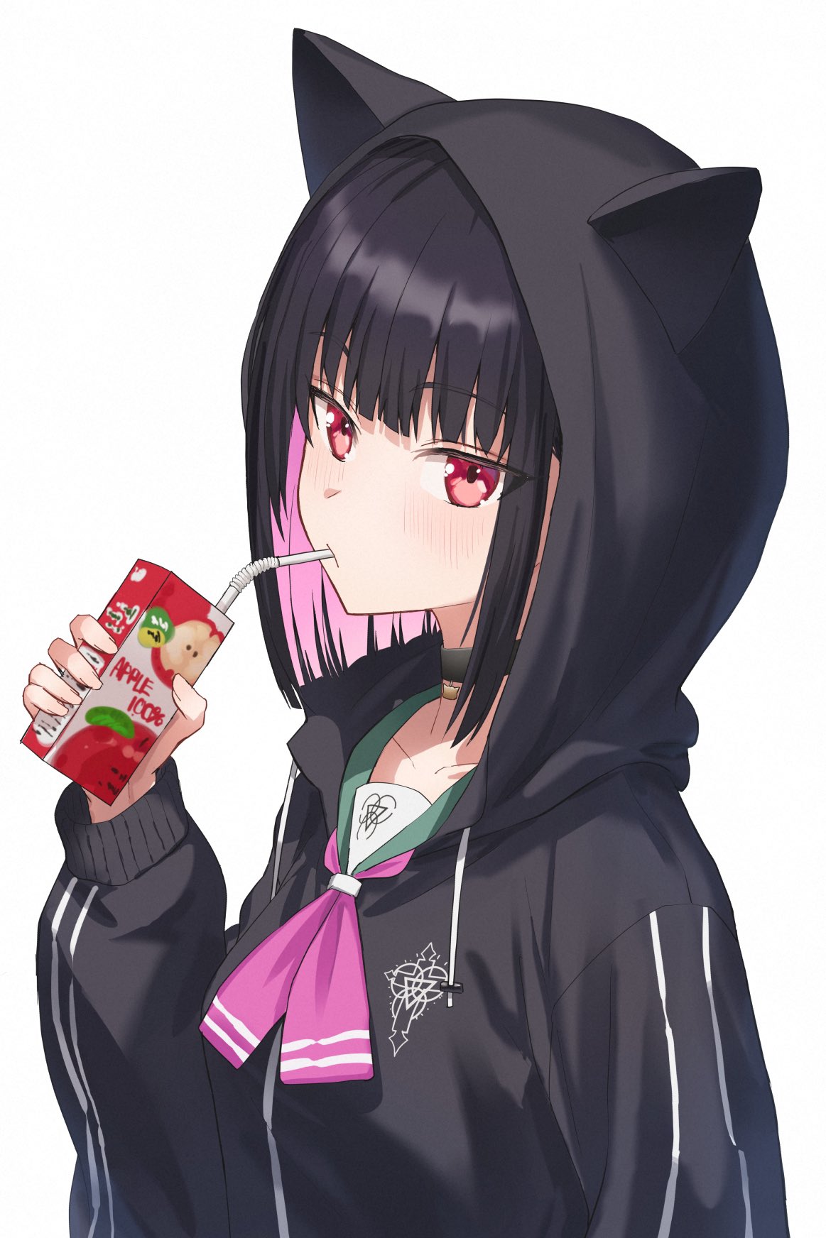 1girl animal_ear_hood black_choker black_jacket blue_archive blunt_bangs blush choker collarbone colored_inner_hair drink drinking_straw drinking_straw_in_mouth green_sailor_collar highres holding holding_drink hood hood_up hooded_jacket jacket juice_box kamo_ashi kazusa_(blue_archive) long_sleeves looking_at_viewer multicolored_hair neckerchief pink_hair pink_neckerchief red_eyes sailor_collar short_hair sidelocks solo upper_body white_background