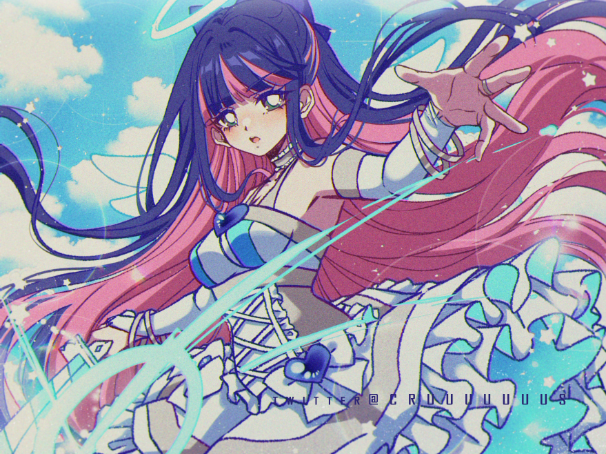 1girl :o artist_name bare_shoulders black_hair bow bracelet breasts brown_eyes clouds cloudy_sky cowboy_shot criis-chan dress hair_bow halo heart jewelry large_breasts layered_dress long_sleeves looking_at_viewer multicolored_hair panty_&amp;_stocking_with_garterbelt pink_hair ring sky solo stocking_(psg) teeth two-tone_hair upper_teeth_only white_bow white_dress