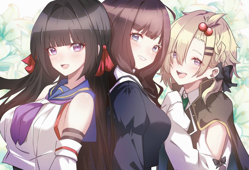 3girls arm_cutout arms_at_sides assault_lily back-to-back bangs_pinned_back bare_shoulders black_bow black_cape black_hair black_ribbon blonde_hair blue_eyes blue_sailor_collar blunt_bangs blush bow braid breasts brown_hair cape commentary_request crop_top cropped_jacket detached_sleeves eyes_visible_through_hair floral_background flower grin hair_between_eyes hair_bobbles hair_bow hair_ornament hair_ribbon hairclip half-closed_eyes hands_up hibino_waku houji_tea_latte juliet_sleeves kaede_johan_nouvel kozue_west large_breasts lily_(flower) long_hair long_sleeves looking_at_viewer looking_to_the_side medium_breasts medium_hair multiple_girls neck_ribbon neckerchief odaiba_girls_high_school_uniform open_mouth parted_lips puffy_sleeves purple_neckerchief red_ribbon ribbon sailor_collar school_uniform serafuku shirt side_braid sleeve_bow sleeveless sleeveless_shirt sleeves_past_fingers sleeves_past_wrists smile symbol-shaped_pupils teeth upper_body upper_teeth_only violet_eyes white_background white_shirt yurigaoka_girls_academy_school_uniform