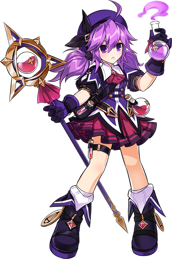 1girl ahoge aisha_landar alchemist artist_request ascot elsword flask full_body gloves hat holding holding_flask holding_staff legs_apart looking_at_object low_twintails medium_hair official_art pleated_skirt puffy_sleeves purple_ascot purple_footwear purple_gloves purple_hair purple_headwear purple_shirt purple_skirt round-bottom_flask shirt shoes skirt socks solo staff standing thighlet transparent_background twintails violet_eyes white_socks wiz_magician_(elsword)